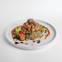 بشقاب ميگو با برنج قهوه ای