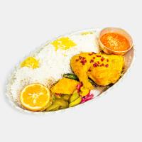 زرشک پلو با مرغ سرخ شده (ران)