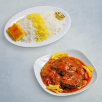 چلو خورشت بادمجان با کباب تابه ای