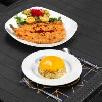 سبزی پلو با ماهی قزل آلا سرخ شده