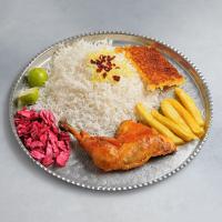 زرشک پلو با ران مرغ سس پز با برنج خارجی