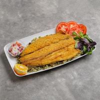 لوبیا پلو با ماهی قزل آلا سرخ شده