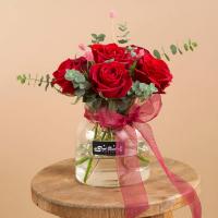 شیشه گل رز قرمز 5 شاخه با اوکال