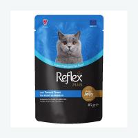 پوچ گربه رفلکس پلاس با طعم ماهی تن و قزل‌آلا در ژله وزن 85 گرم