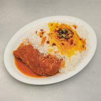 زرشک پلو با ران مرغ سس پز