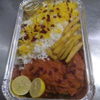 زرشک پلو با مرغ سرخ شده (ران)